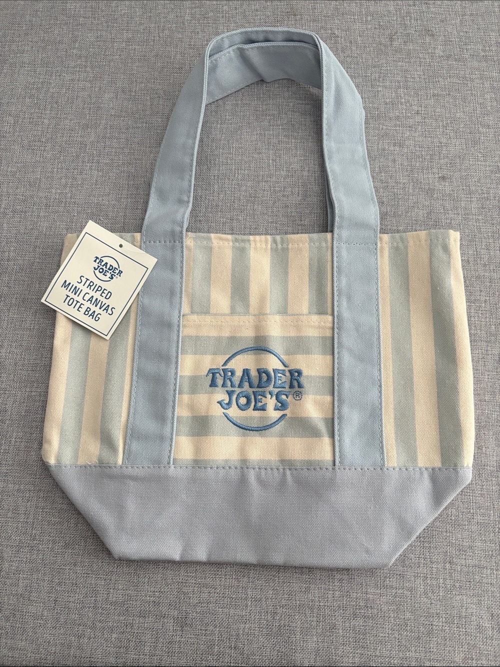 Trader Joe's Designer Striped Mini Canvas Reusable Tote Bag - Blue & Cream